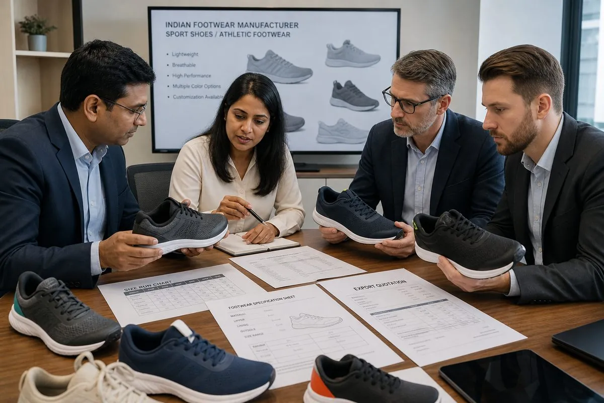 International buyers reviewing Indian sport shoe samples, size runs, and export specification sheets with a sourcing partner