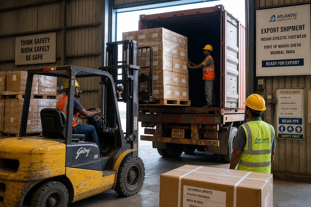 Workers loading palletized cartons of Indian sport shoes and athletic footwear onto a truck at an export warehouse dock