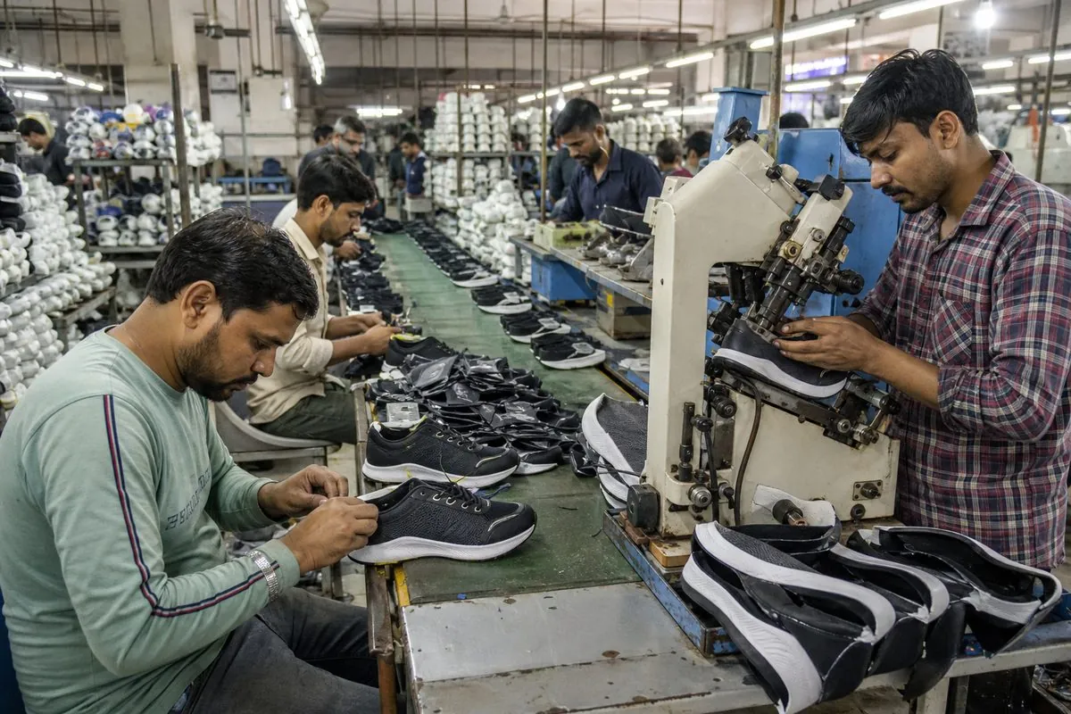 Workers assembling sport shoes on lasting and sole attachment lines in a Jalandhar athletic footwear factory