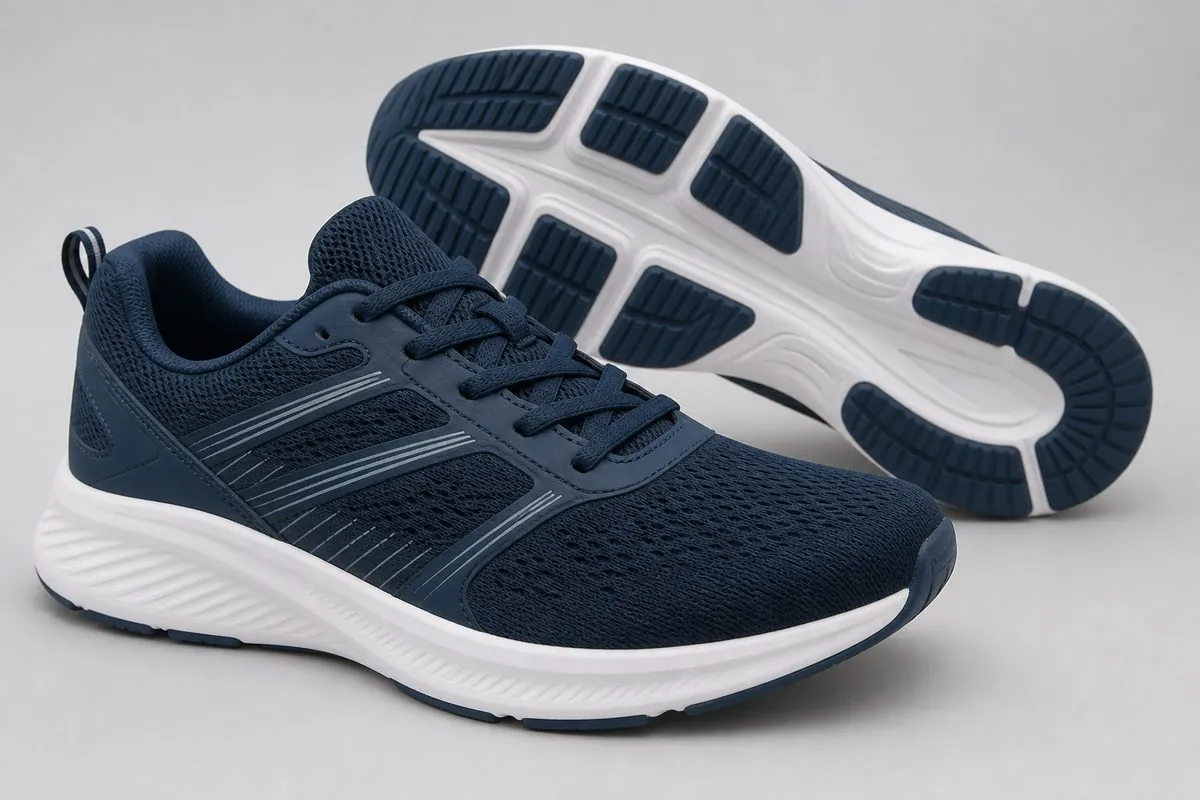 Close-up of mesh running and training athletic shoes with EVA midsole and rubber outsole for export wholesale