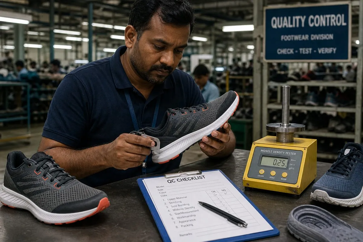 Quality inspector checking athletic shoe upper bonding, stitch tension, and midsole density on export QC samples