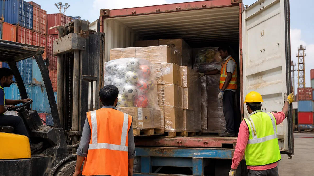 Workers stuffing palletized sports goods cartons into an open shipping container at an Indian port yard