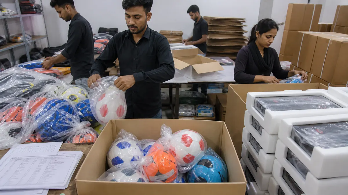 Workers packing footballs and sports equipment into labeled corrugated export cartons in an Indian packing bay