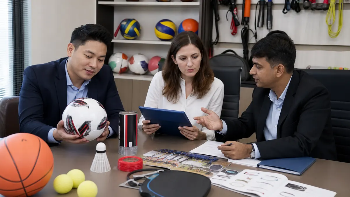 International buyers and an Indian exporter reviewing footballs, rackets, and sports samples with catalogues at a sourcing meeting