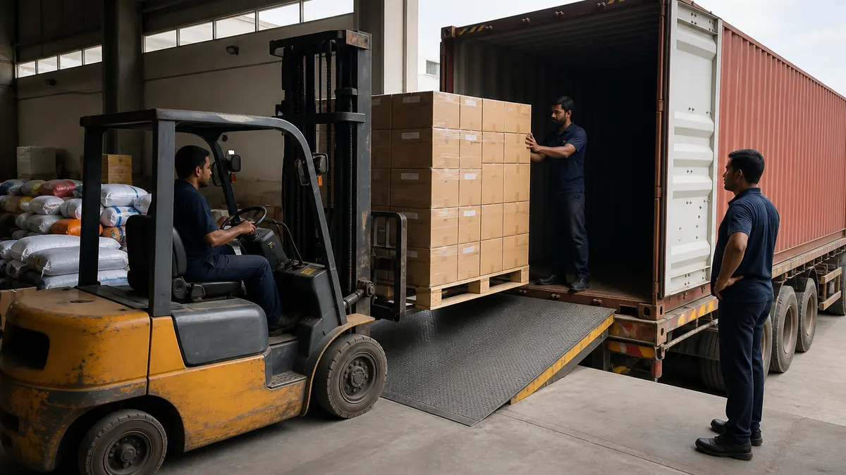 Forklift loading palletized sports goods cartons onto a truck at an Indian factory export dock