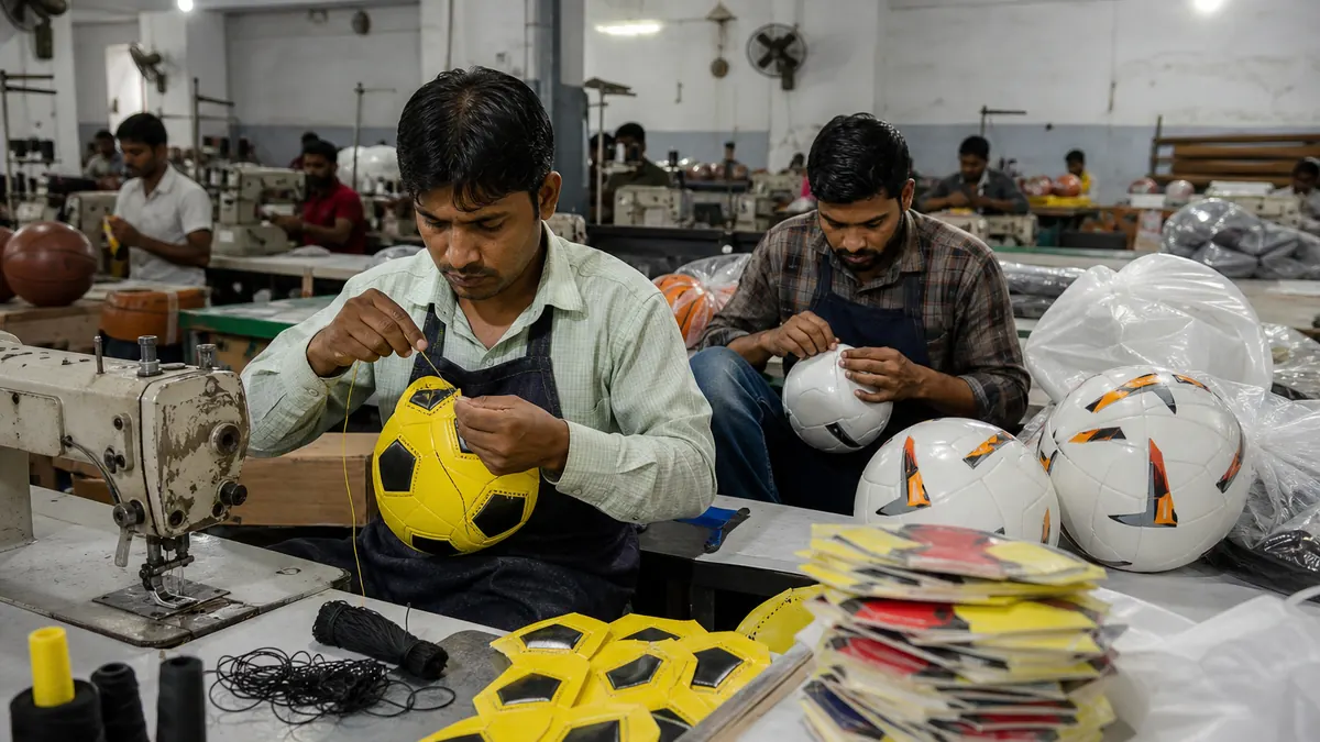 Workers shaping and assembling cricket bats and sports equipment on benches in a Jalandhar sports goods factory workshop