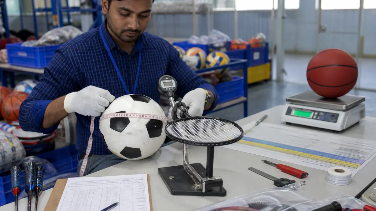 Quality inspector measuring football circumference and weighing a ball on a digital scale beside racket and bat samples