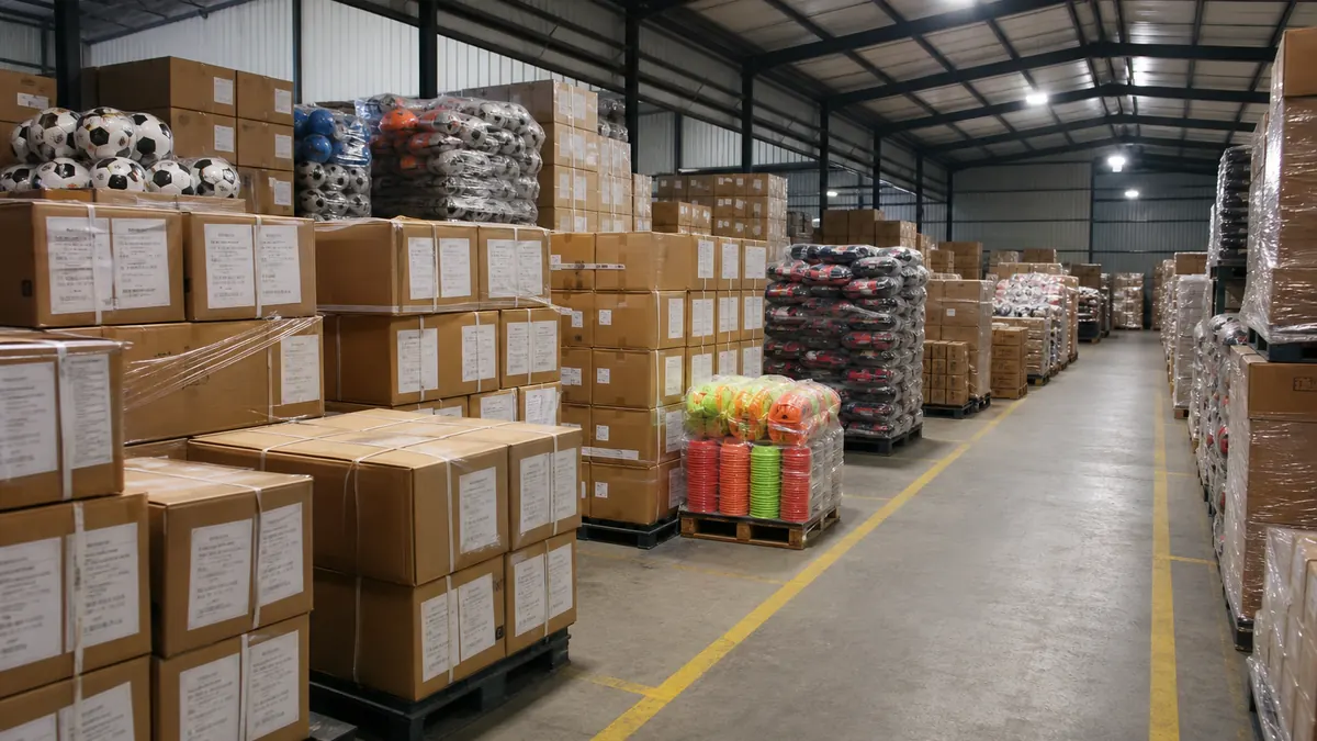 Palletized mixed-SKU sports goods cartons staged in neat rows in a dry Indian export warehouse aisle