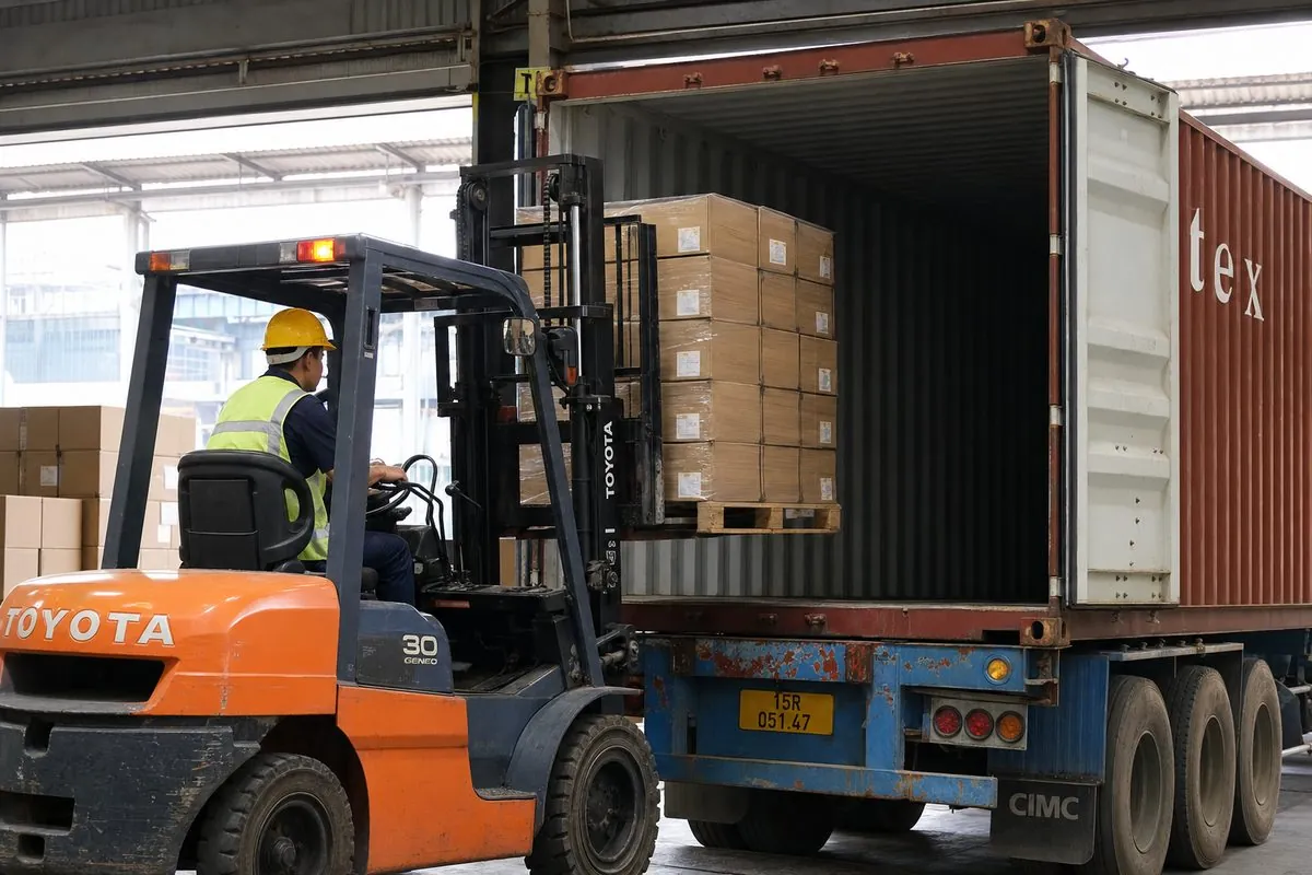 Forklift stuffing palletized cartons of Indian sports wear and team uniforms into a shipping container for FCL export