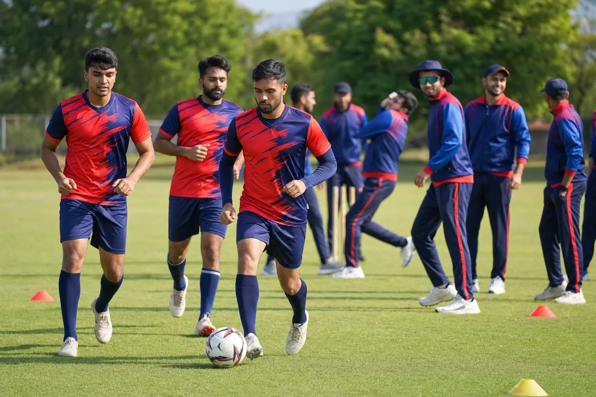 Football and cricket teams wearing Indian-export sublimation jerseys and track suits during match and training sessions