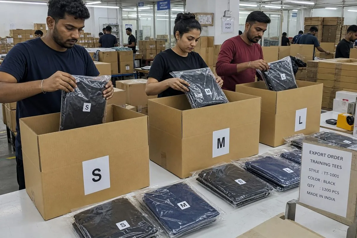 Workers poly-bagging individual sportswear garments with size stickers and packing them into corrugated master cartons for export