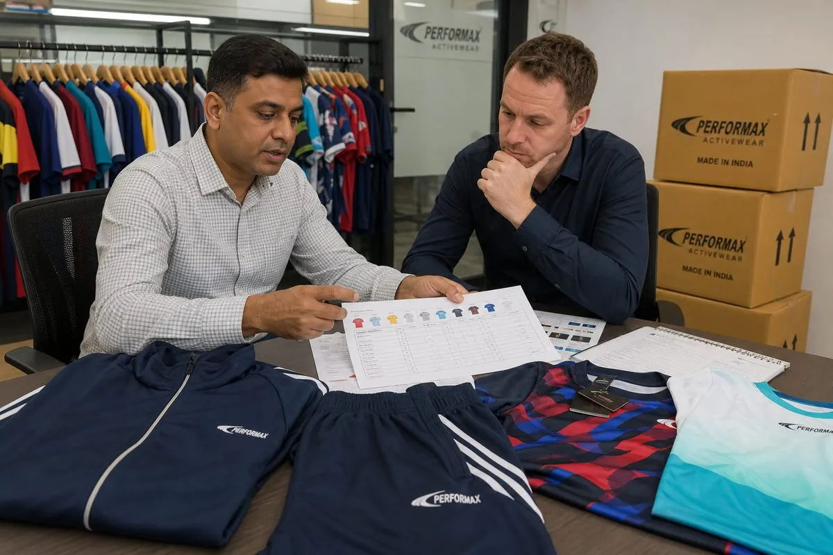 International buyers reviewing Indian sportswear samples, size-run charts, and export specification sheets with a sourcing partner