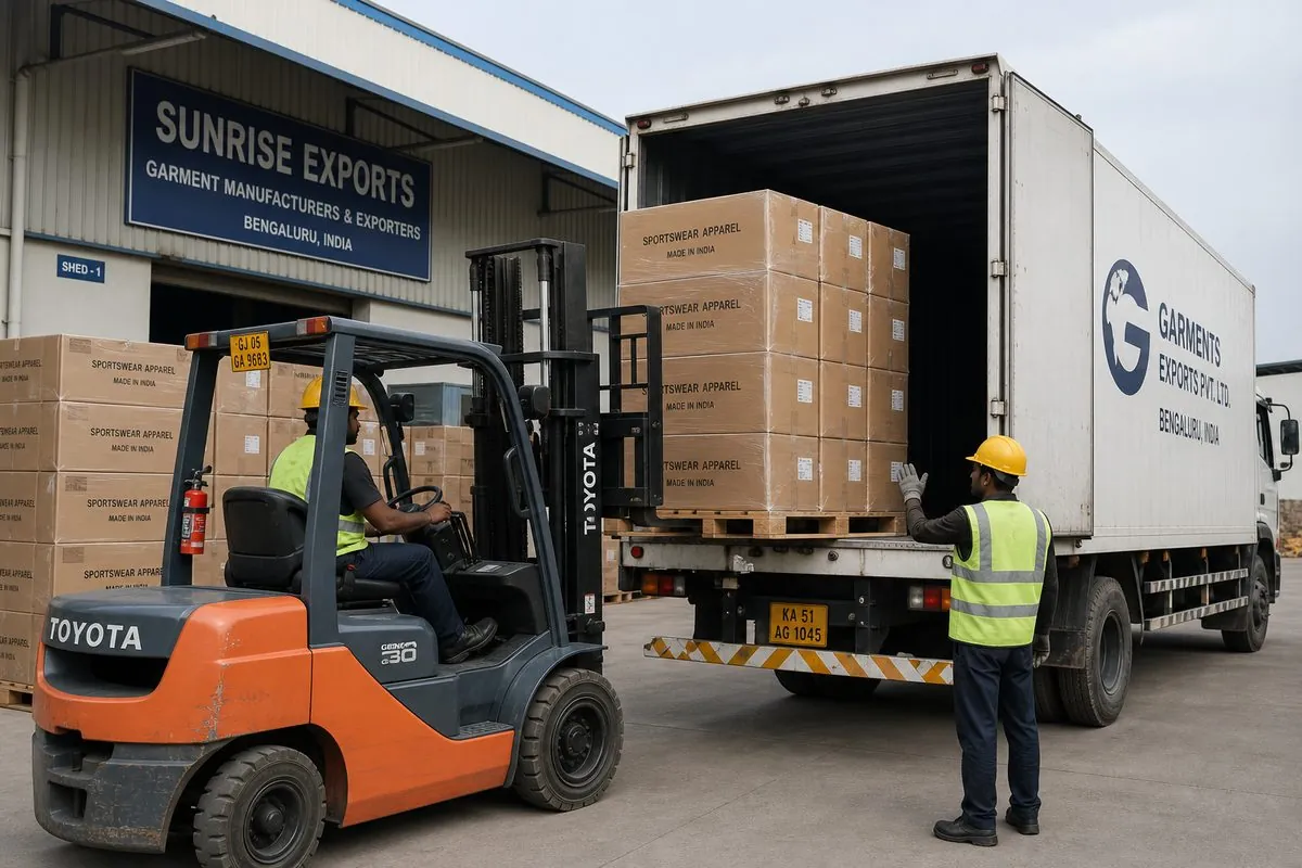 Workers loading palletized cartons of Indian sportswear and team uniforms onto a truck at an export warehouse dock