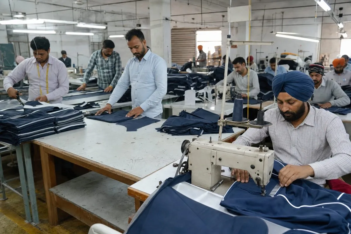 Workers cutting polyester sportswear panels and sewing track suits on production lines in a Ludhiana garment factory
