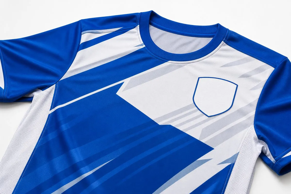 Close-up of a custom sublimation football jersey showing team crest, player number, and performance mesh side panels