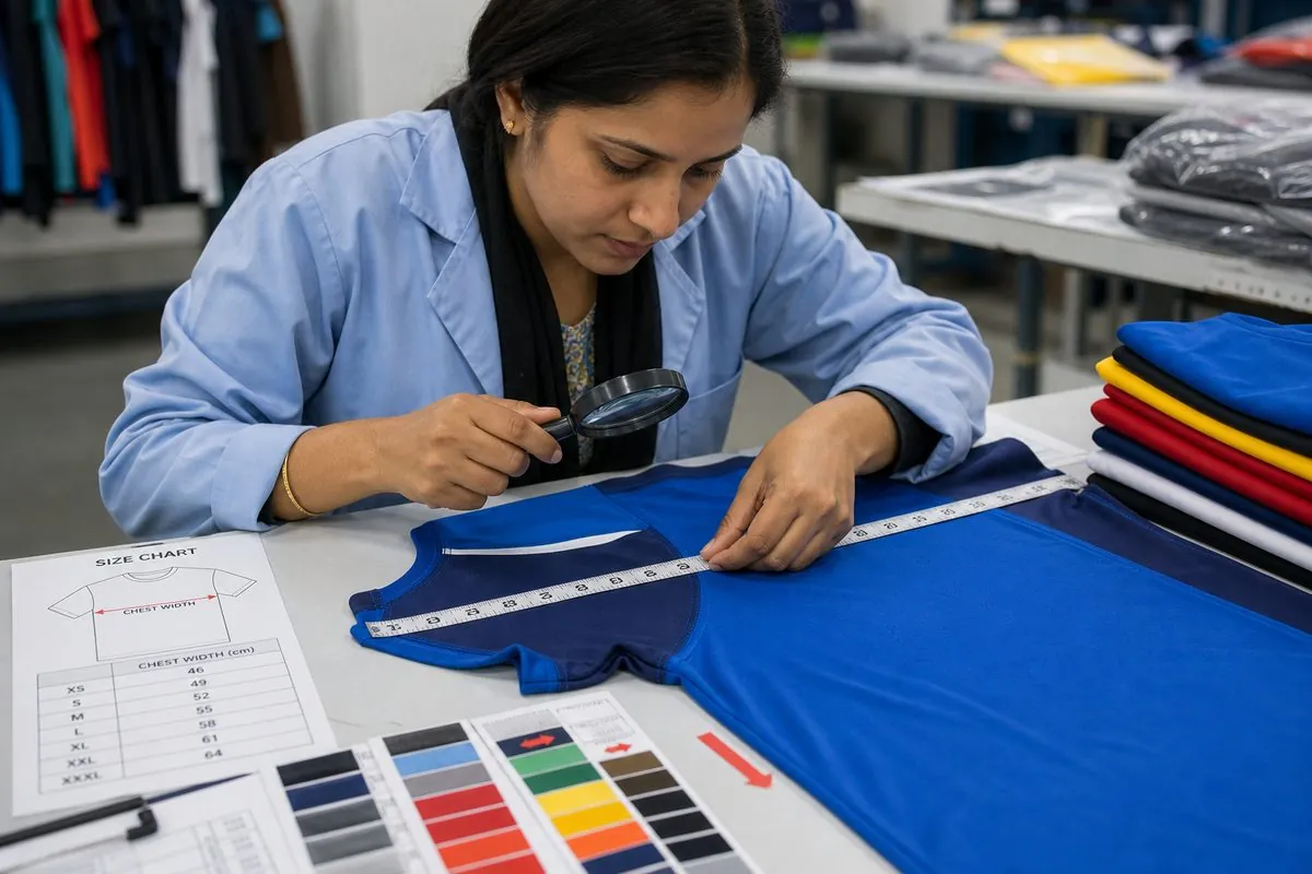 Quality inspector checking stitch tension, garment sizing, and sublimation print alignment on export sportswear samples