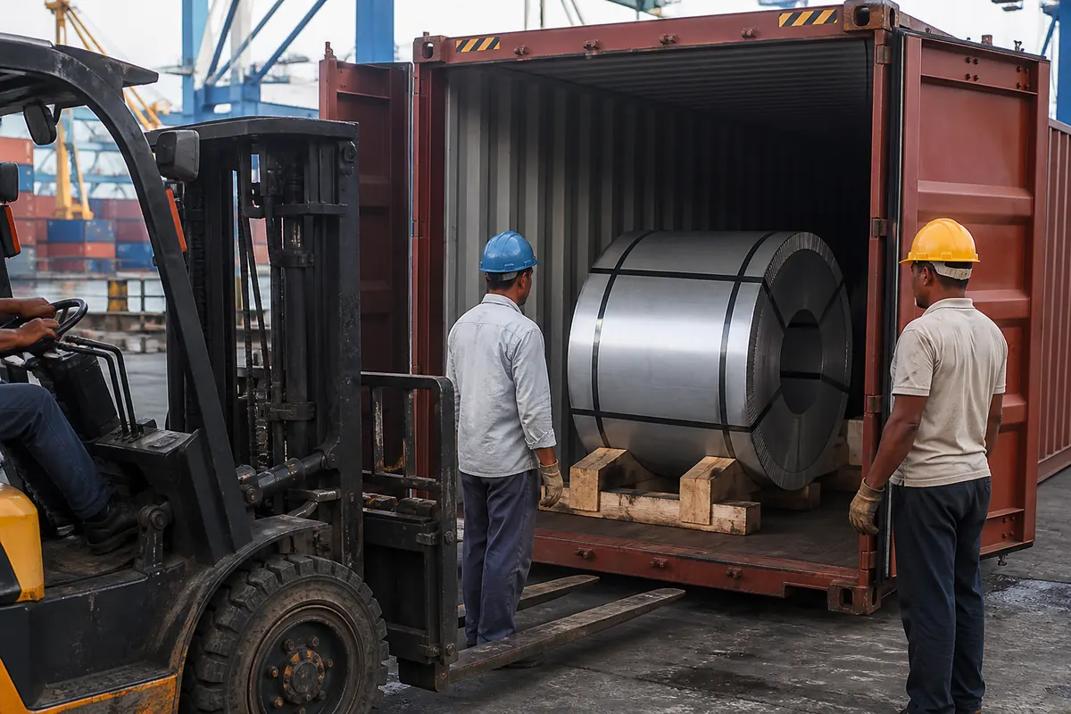 Workers stuffing stainless steel coils on wooden saddles into a 20ft shipping container for FCL export from India under HS 7219/7220