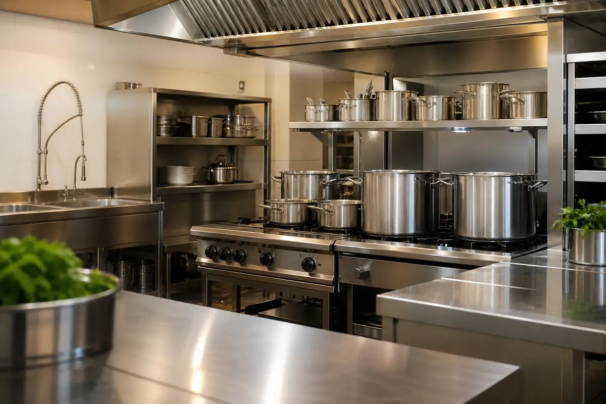 304 and 316L stainless steel sheet and coil fabricated into commercial kitchenware, catering equipment, and food-processing vessels at an international OEM plant