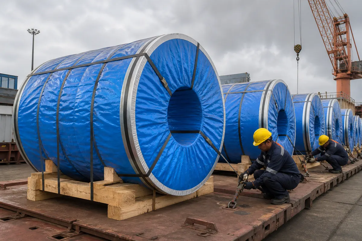 Export workers strapping stainless steel coils with steel bands, edge protectors, and VCI wrap on wooden saddles for ocean freight from India
