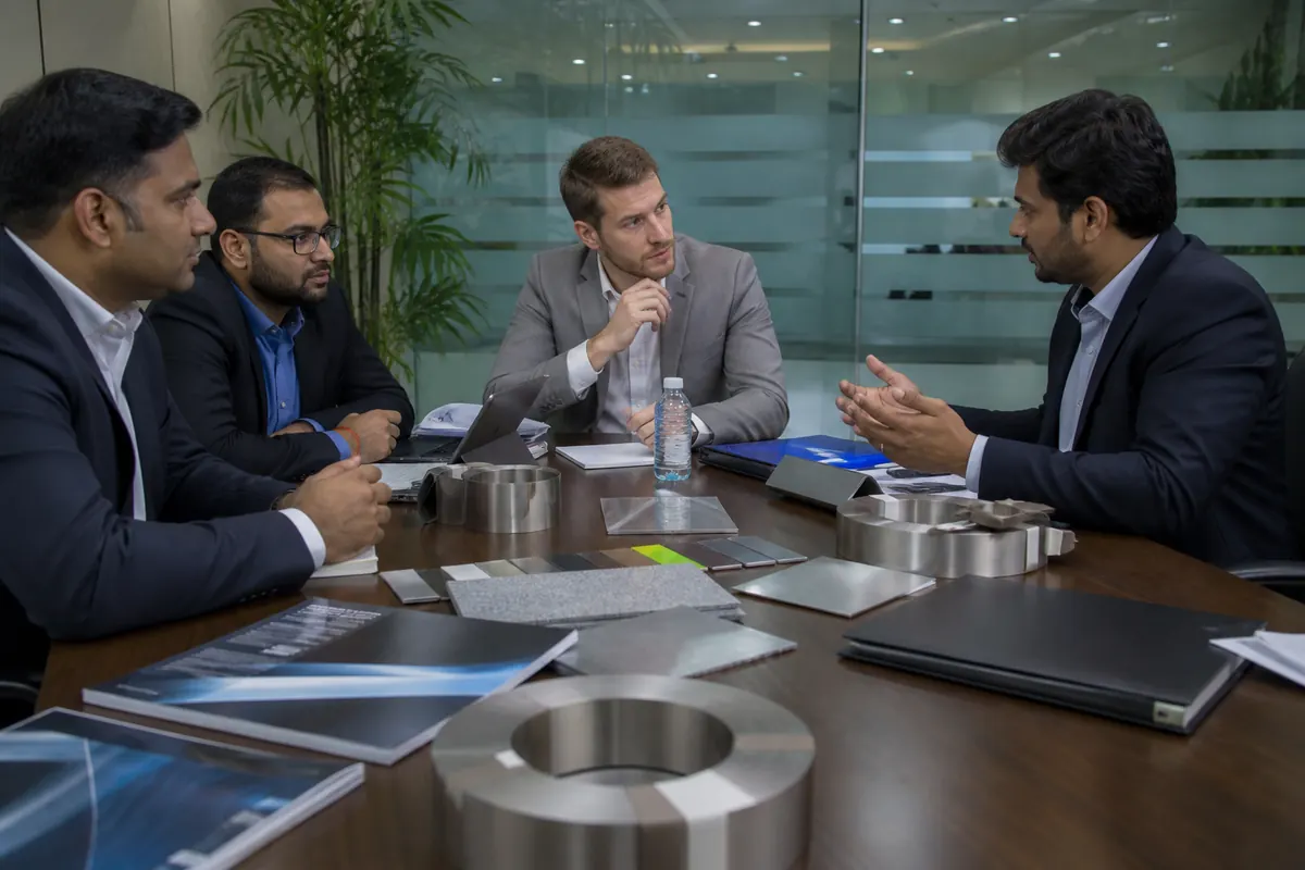 International stainless steel buyer and Indian merchant exporter reviewing mill test certificates with coil samples for HS 7219/7220 import contract