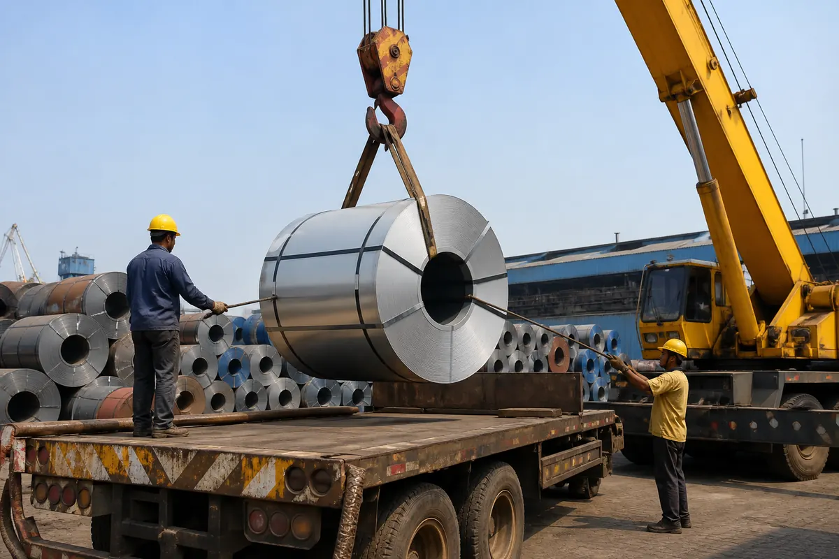 Mobile crane loading a strapped stainless steel coil onto a flatbed trailer for inland haul from an Indian mill to Mundra or Nhava Sheva export port