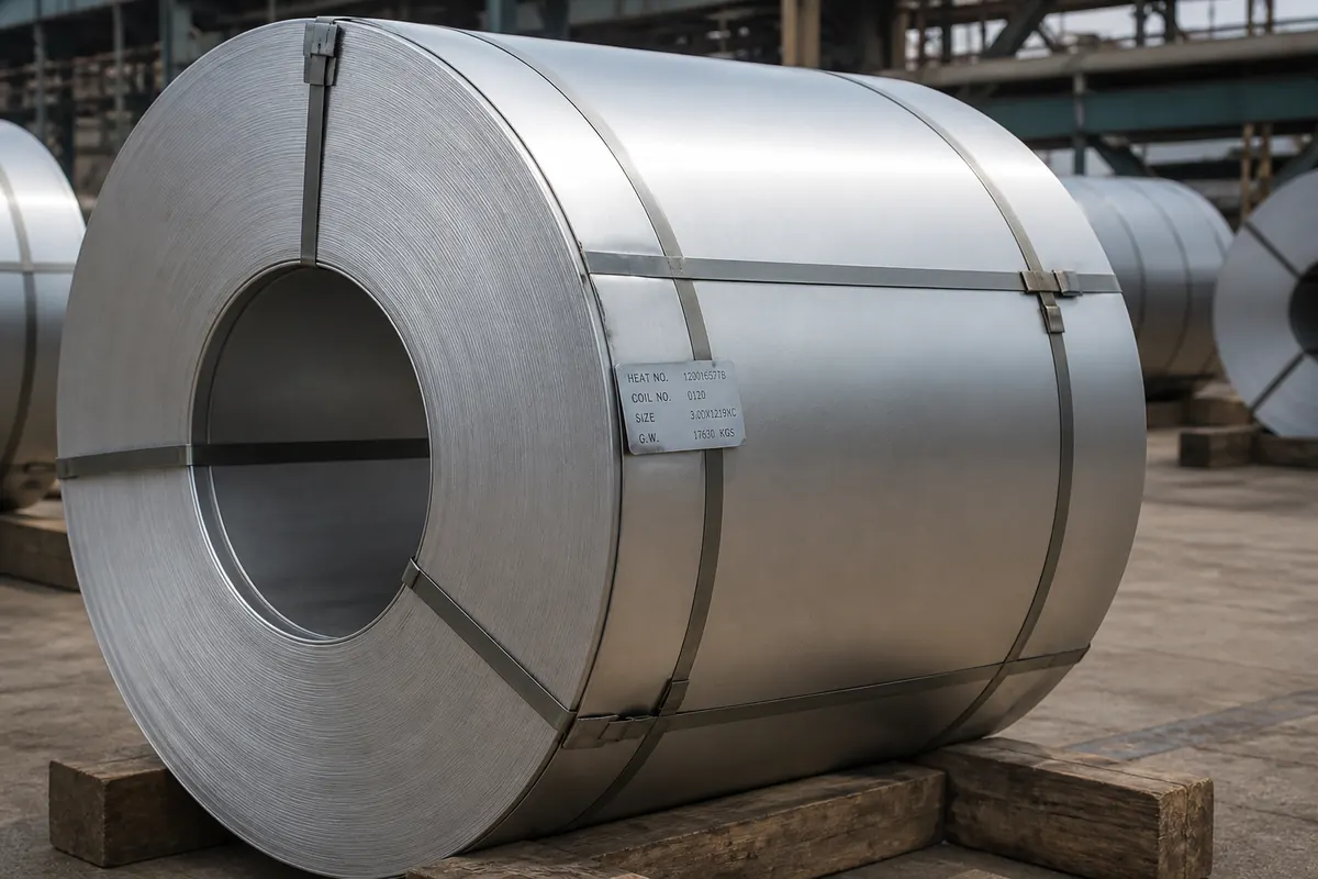Close-up of a 304 stainless steel export coil with 2B brushed finish, visible mill edge, steel strapping, and heat-number tags ready for HS 7219/7220 shipment from India