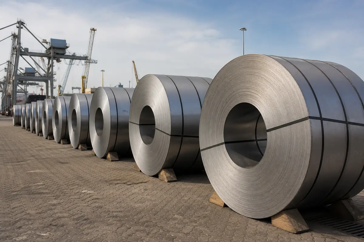 Rows of stainless steel export coils stored eye-to-sky on wooden saddles in a dry Indian merchant exporter yard before port dispatch
