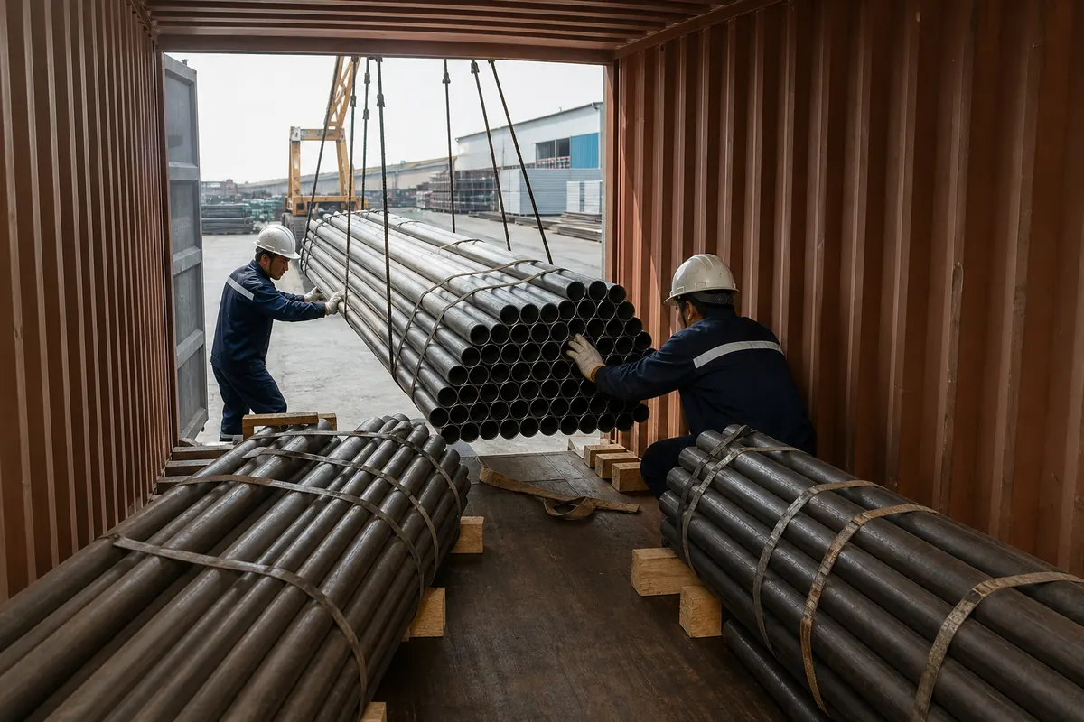 Workers stuffing nested steel pipe bundles into a 20ft shipping container for FCL export from India