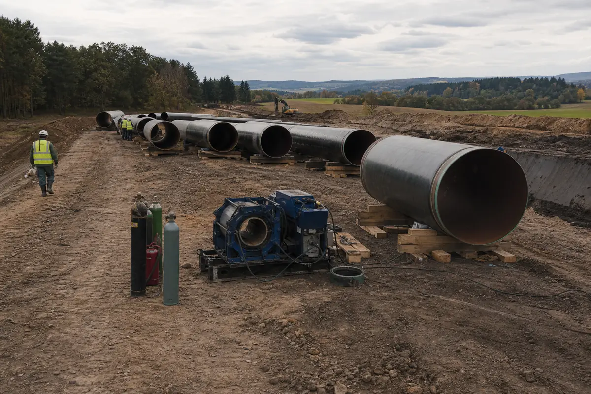 Pipeline construction site with welded steel line pipe being laid for water transmission or oil and gas infrastructure