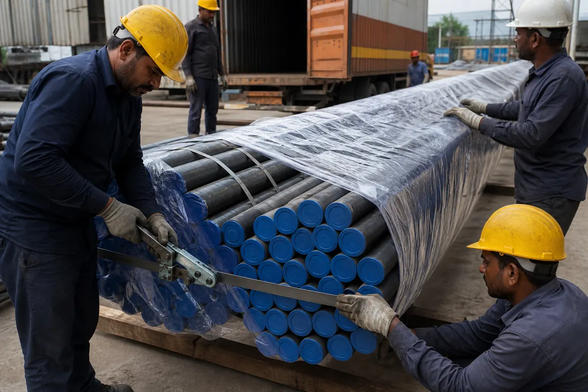 Workers applying end caps and steel strapping to nested steel pipe bundles with waterproof wrap for ocean-freight export from India