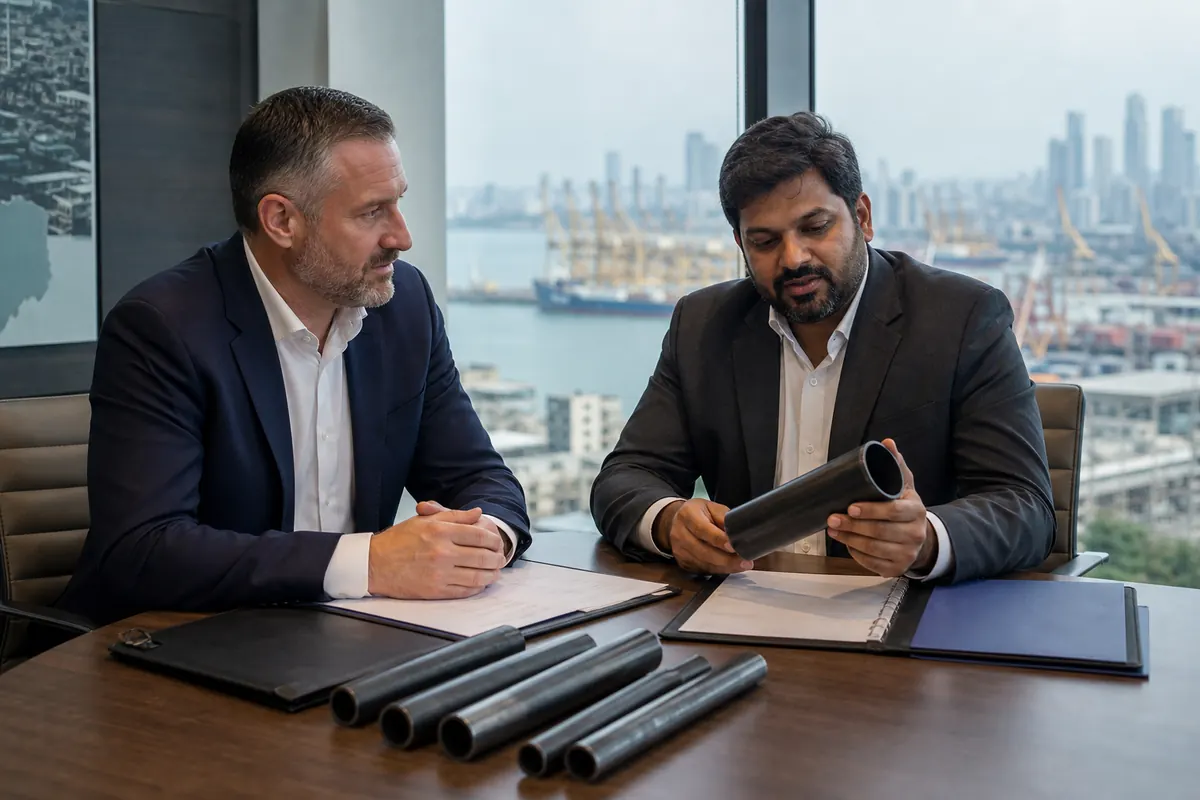 International buyer and Indian merchant exporter reviewing ASTM A53 and API 5L mill test certificates with steel pipe samples for HS 7306 trade