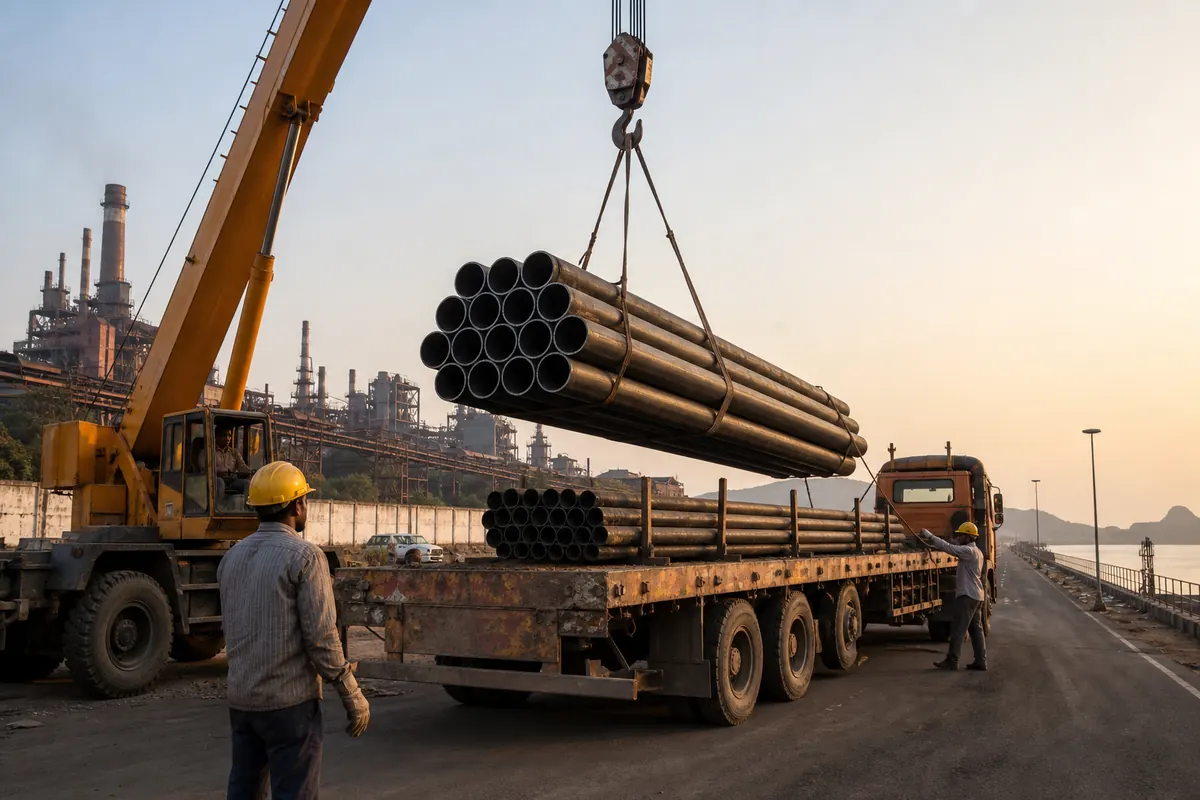 Mobile crane loading nested steel pipe bundles onto a flatbed trailer for inland haul from an Indian pipe mill to an export port
