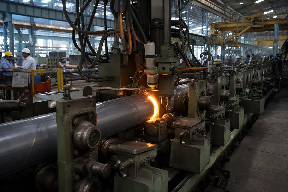 Steel strip entering the ERW high-frequency weld line at an Indian pipe mill in Gujarat or Maharashtra