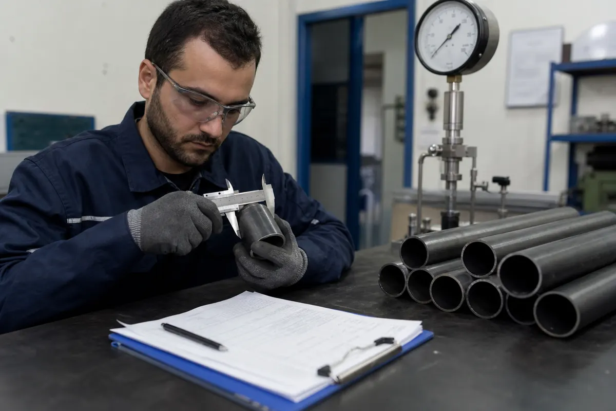 Quality inspector reviewing EN 10204 mill test certificate beside steel pipe samples for hydrostatic and dimensional testing before export release