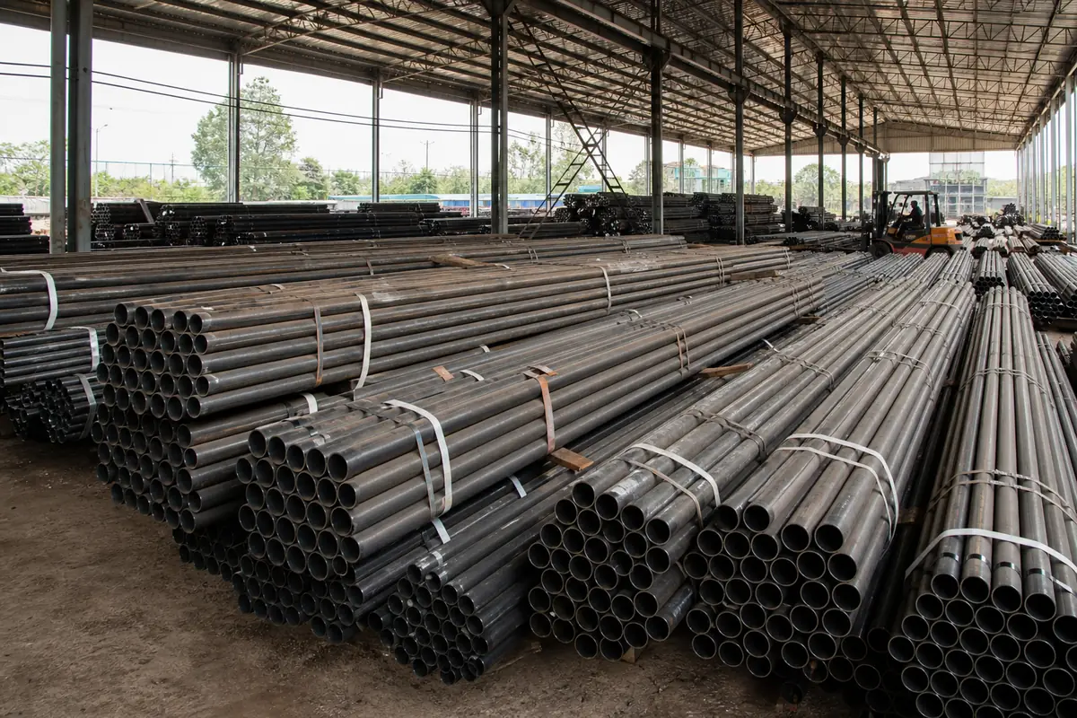 Rows of strapped steel pipe bundles stacked in a dry Indian export yard before dispatch to Mundra, Nhava Sheva, or Chennai