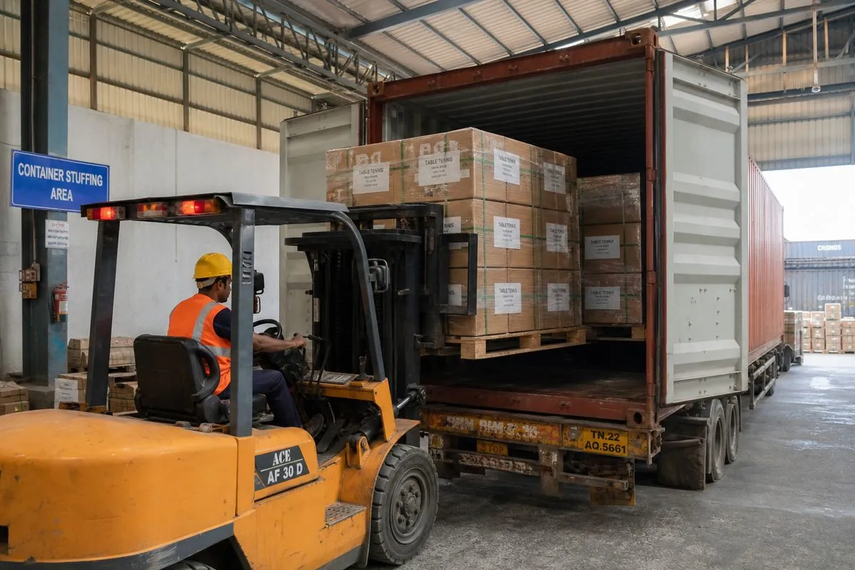 Forklift stuffing palletized cartons of Indian table tennis equipment into a shipping container for FCL export