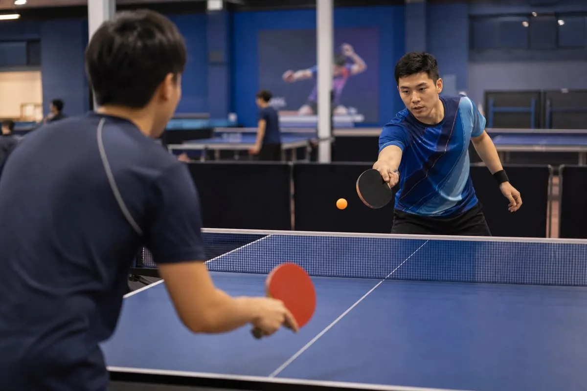 Table tennis players rallying during club training and competitive match play on an indoor table
