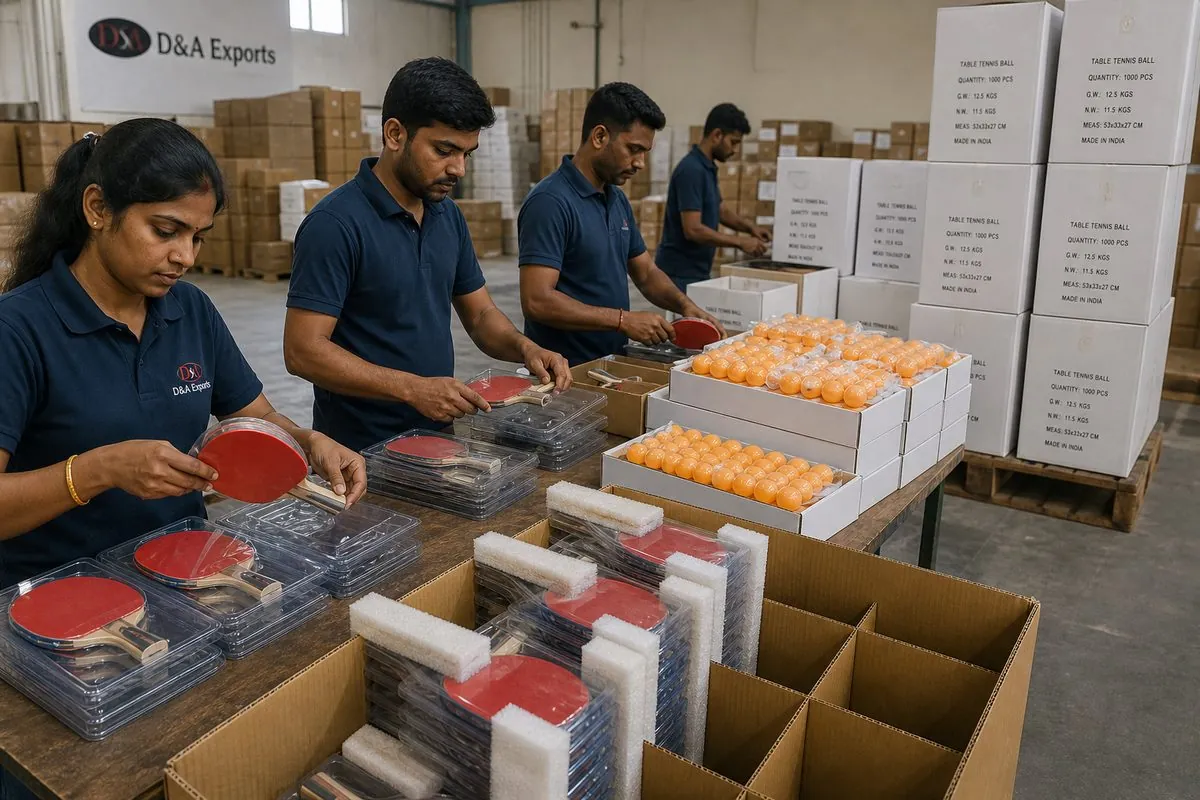 Workers packing table tennis paddles in blister packs and ITTF balls in cartons inside master export cartons