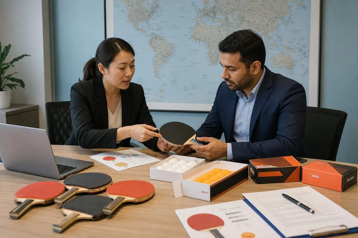 International buyers reviewing Indian table tennis paddle and ball samples with export specification sheets