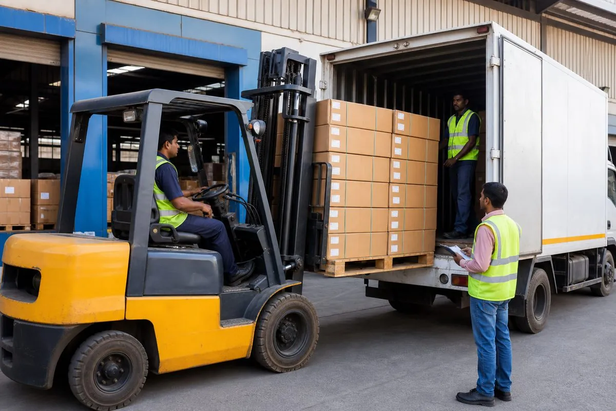 Workers loading palletized cartons of Indian table tennis equipment onto a truck at an export warehouse dock