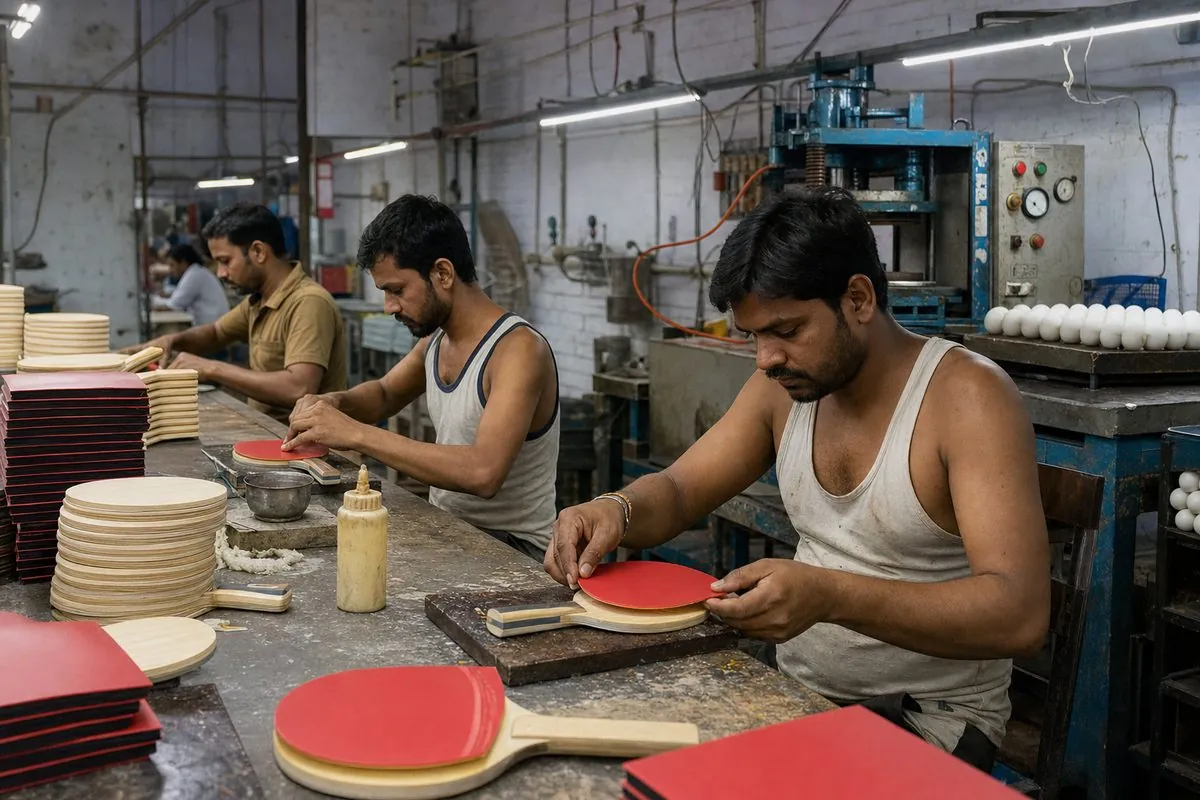 Workers bonding rubber to table tennis blades and molding ITTF 40+ poly balls in a Jalandhar factory