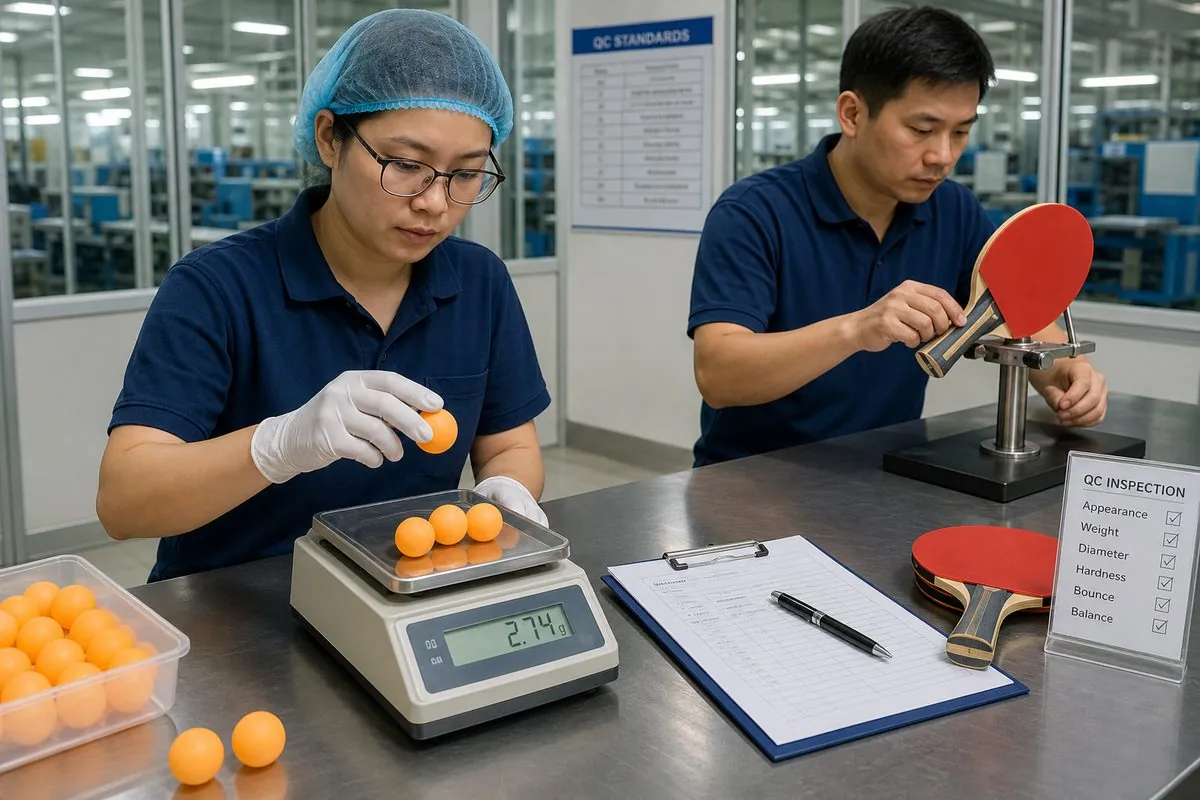 QC inspector weighing ITTF 40+ poly balls and checking paddle blade balance on export samples