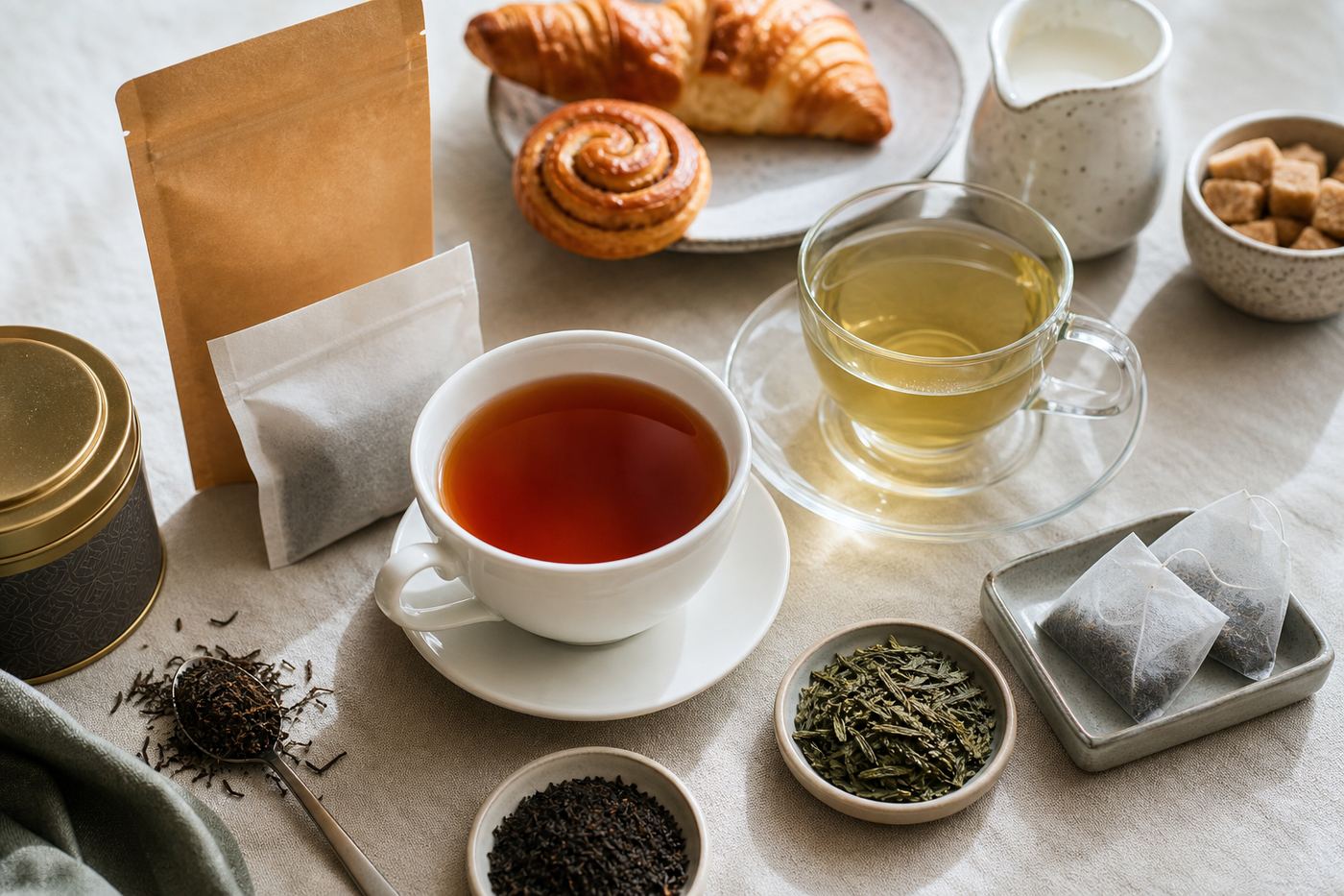 Cups of Assam black tea and green tea with loose leaf and tea bags showing retail and foodservice end uses