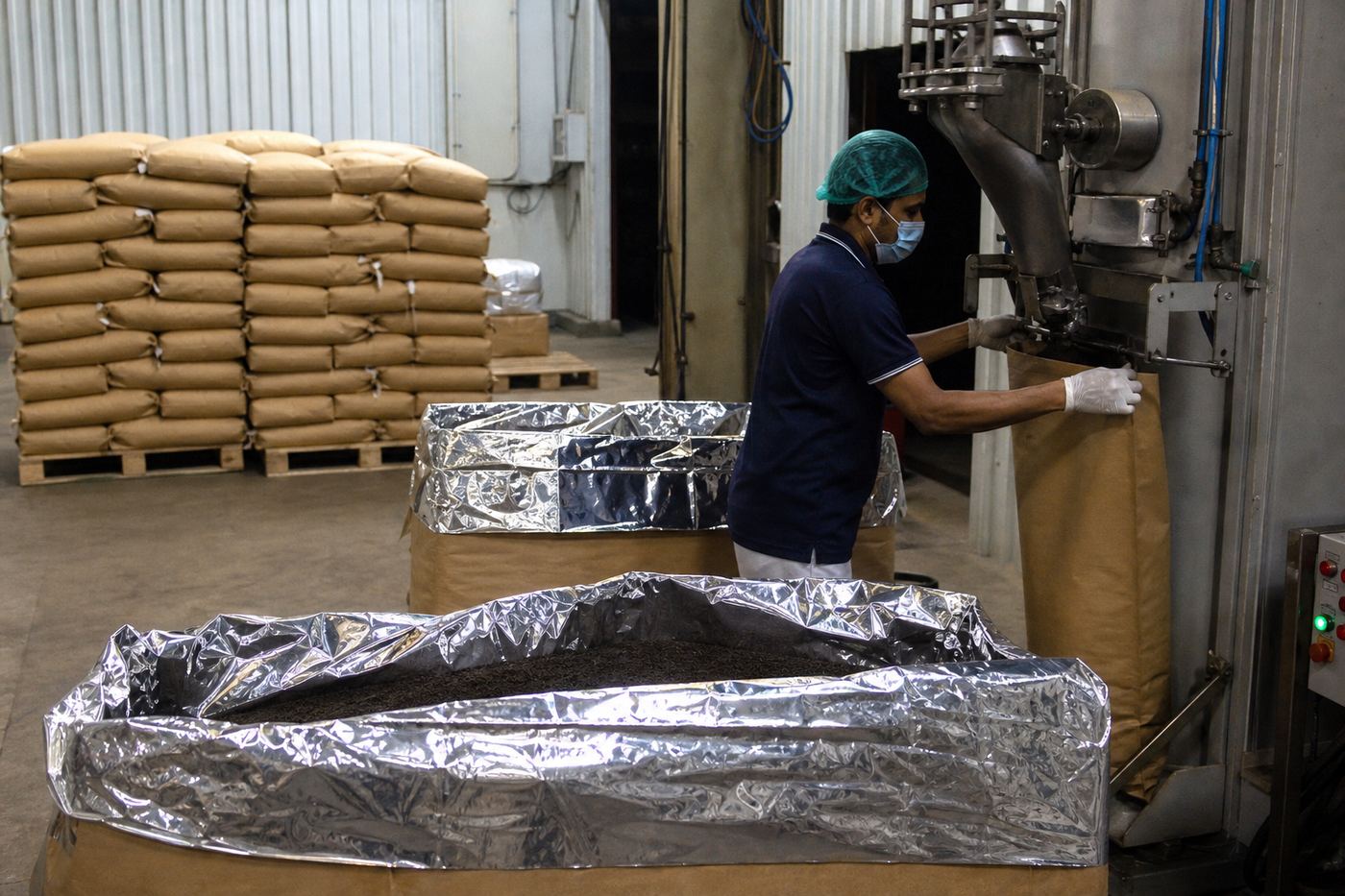 Export packing line filling multiwall kraft tea sacks and foil-lined chests with black CTC tea