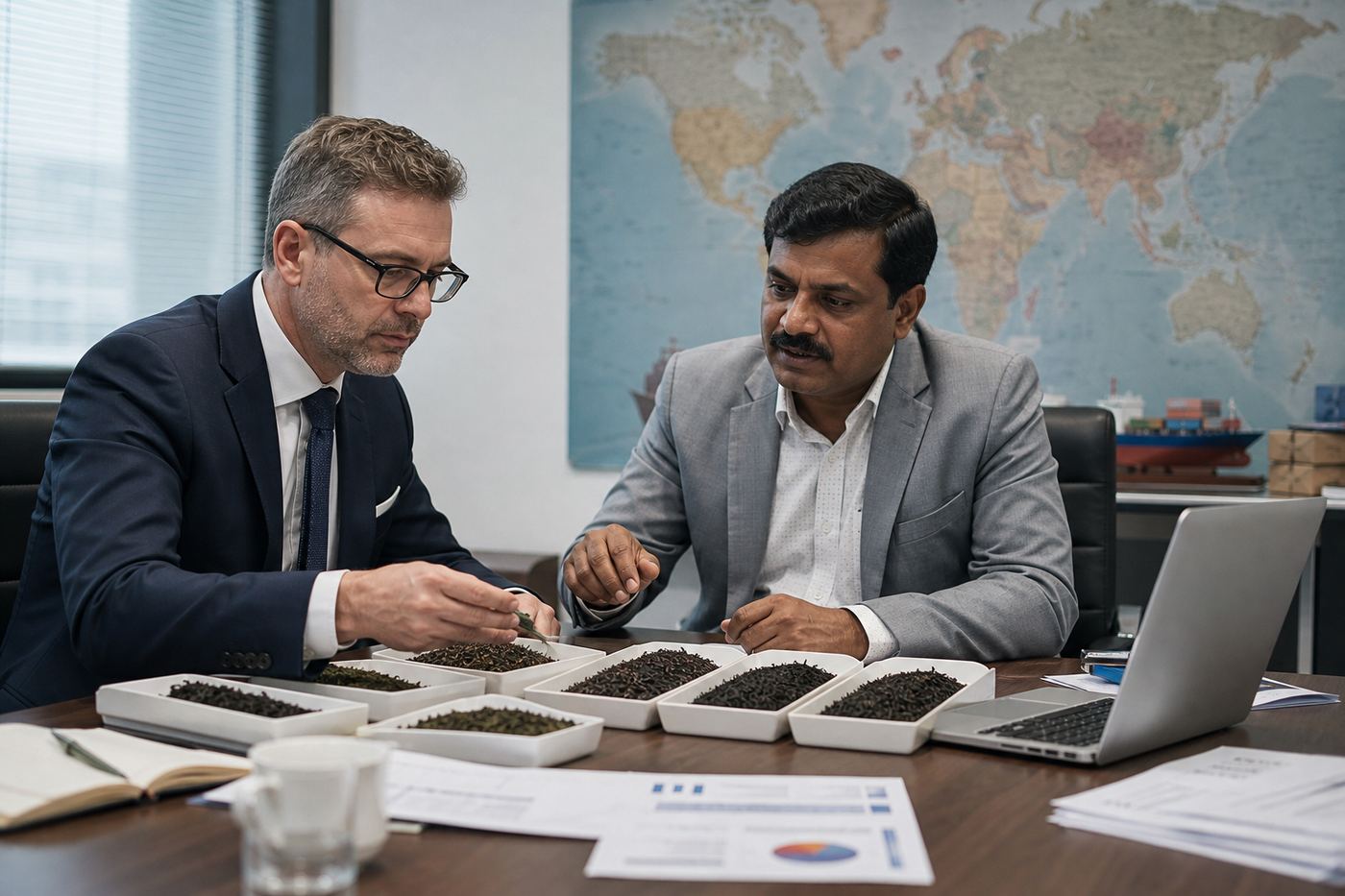 International buyer and Indian tea exporter reviewing dry leaf samples and shipping documents at a sourcing meeting