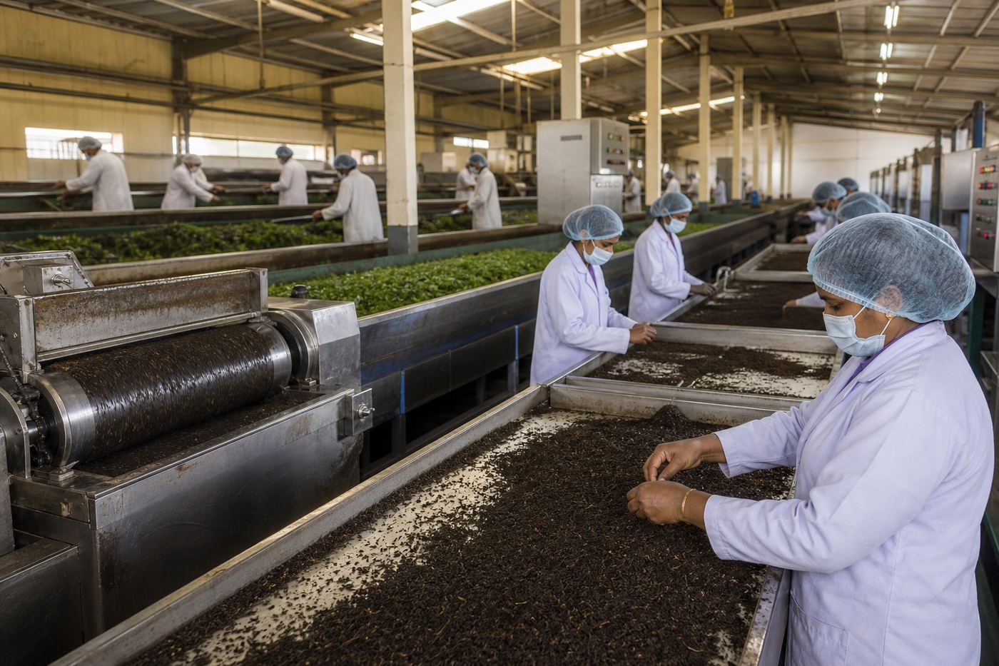 Workers processing green tea leaves on withering troughs and CTC lines inside an Indian tea factory