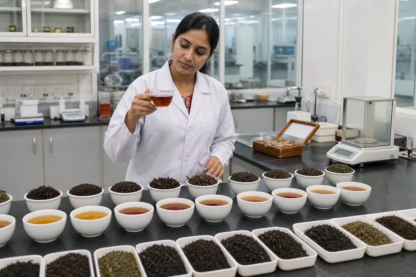 Tea taster cupping Assam and Darjeeling liquors beside dry leaf samples in an export quality lab