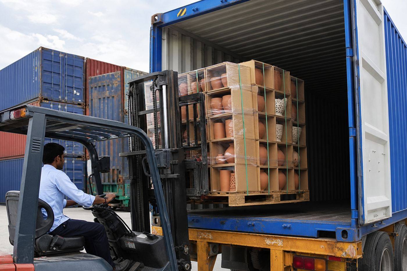 Forklift stuffing palletized terracotta planter and ceramic décor cartons into an ocean shipping container
