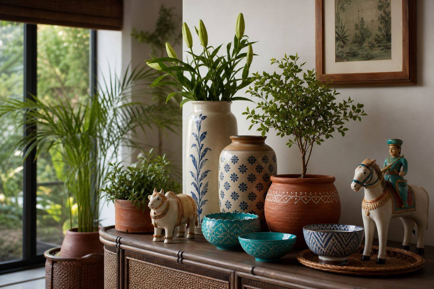 Indian terracotta planters glazed ceramic vases and Jaipur blue pottery bowls styled in a home décor setting