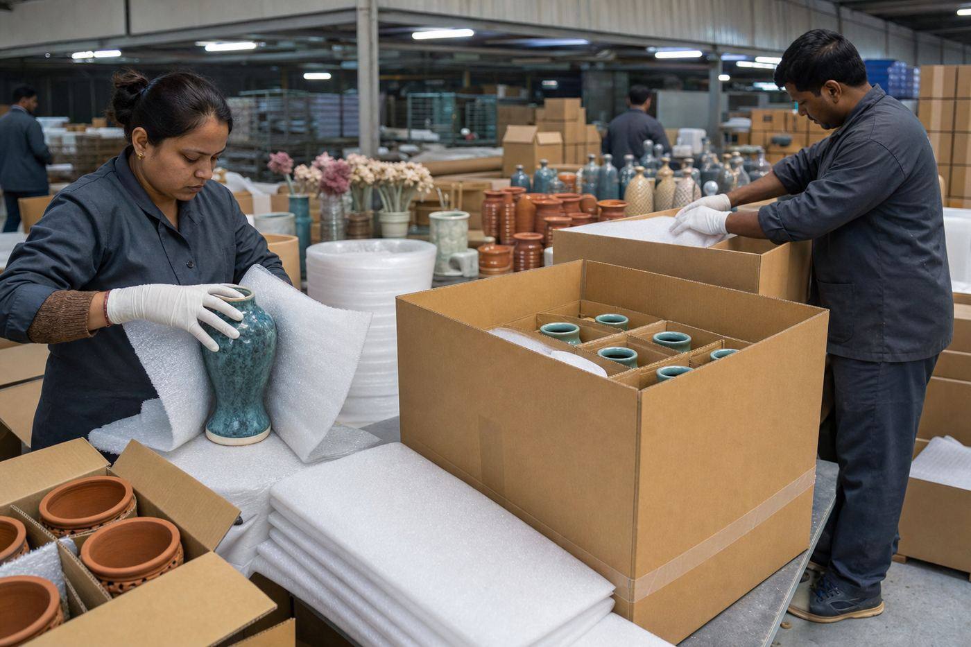 Workers foam-wrapping Indian glazed ceramic vases with cell dividers and FRAGILE labels for export cartons
